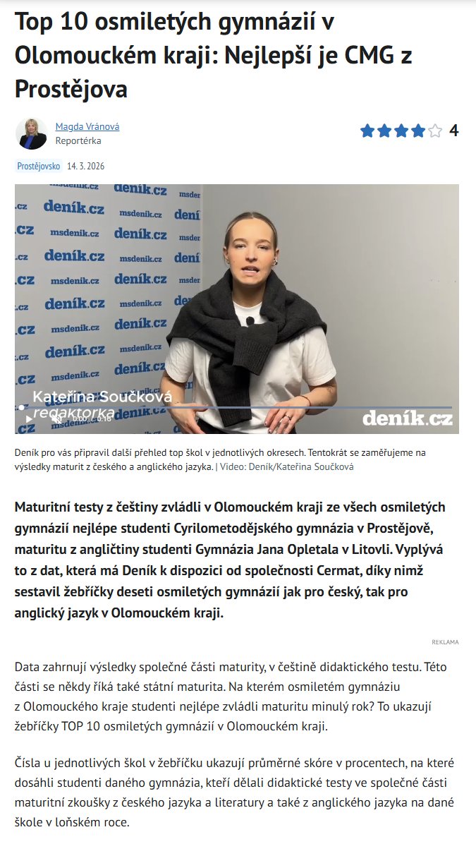 Top 10 osmiletých gymnázií v Olomouckém kraji: Nejlepší je CMG z Prostějova
